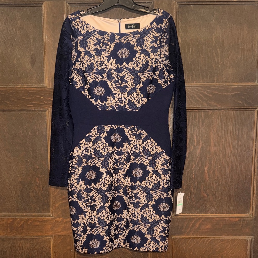Jessica Simpson Navy and Cream Floral Long Sleeve Dress